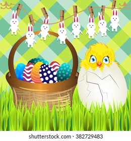 Bright color vector graphic illustration of painted colorful eggs and cute yellow chicken in shell on checkered background