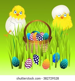 Bright color vector graphic illustration of painted colorful eggs and cute yellow chicken in shell on green background