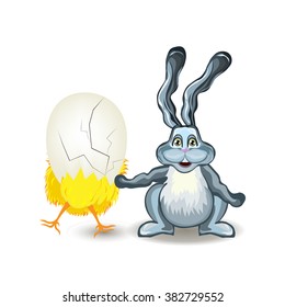 Bright color vector graphic illustration of rabbit and yellow chicken in egg shell on white background