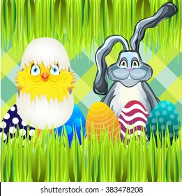 Bright color vector graphic illustration of happy easter sunday day with traditional spring holiday symbol of painted colorful eggs rabbit and cute yellow chicken on checkered background