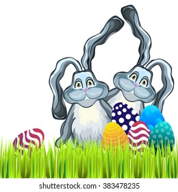 Bright color vector graphic illustration of happy easter sunday day with traditional spring holiday symbol of painted colorful eggs and cute rabbit on checkered background