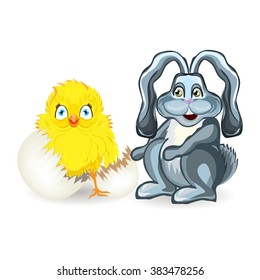 Bright color vector graphic illustration of happy easter sunday day with traditional spring holiday symbol of rabbit and yellow chicken in egg shell on white background