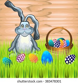 Bright color vector graphic illustration of happy easter sunday day with traditional spring holiday symbol of painted colorful eggs and cute rabbit on wooden background