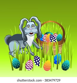 Bright color vector graphic illustration of happy easter sunday day with traditional spring holiday symbol of painted colorful eggs and cute rabbit on green background