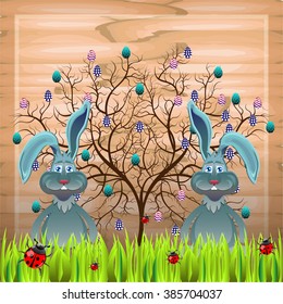 Bright color vector graphic illustration of happy easter sunday day with traditional spring holiday symbol of painted colorful eggs and cute rabbit in green grass on wooden background