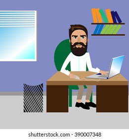 Bright color vector graphic illustration of one bearded man sits at desk and works on computer laptop in office on lavender background