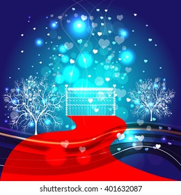 Bright color vector graphic illustration of Valentine day holiday with love symbol of beautiful heart shape and rosd on blue background with sparks