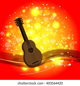 Bright color vector graphic illustration of Valentine day holiday with love symbol of beautiful heart shape sparks and guitar on orange background