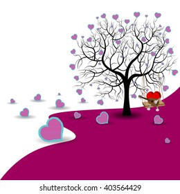 Bright color vector graphic illustration of Valentine day holiday with love symbol of beautiful heart shape and tree on white purple background
