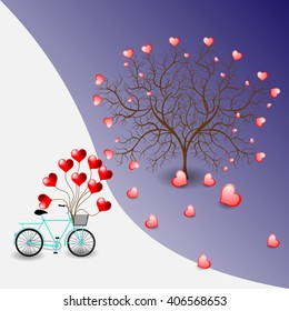 Bright color vector graphic illustration of Valentine day holiday with love symbol of beautiful heart shape tree and bicycle on white violet background