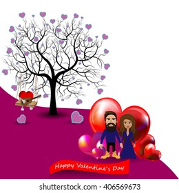Bright color vector graphic illustration of Valentine day holiday with love symbol of beautiful heart shape and couple near tree on white purple background