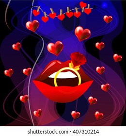 Bright color vector graphic illustration of Valentine day holiday with love symbol of beautiful lips shape and ring on colorful background