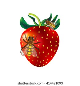 Bright color vector graphic illustration of bees sit on sweet ripe red strawberry on white background 