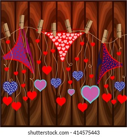 Bright color vector graphic illustration of Valentine day holiday with love symbol of beautiful heart shape and female cute pants on wooden background