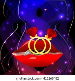Bright color vector graphic illustration of Valentine day holiday with love symbol of beautiful lips shape sparks on zipper and rings on colorful background