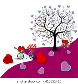 Bright color vector graphic illustration of Valentine day holiday with love symbol of beautiful heart shape tree and bicycle on white purple background