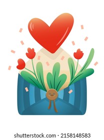 Bright color vector greeting card letter envelope with flowers and a big red heart