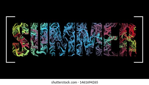 Bright color vector illustration on black background with the slogan: summer, for printing on clothes. Print, typography, poster, emblem, banner, slogan, flyer, postcard.
