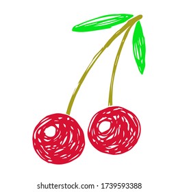 Ilustración vectorial de color brillante. Dos cerezas rojas en una rama, hojas verdes. Para impresiones, pegatinas, etiquetas. Productos de cerezo, frutas del jardín, bayas.