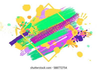 Bright color Vector Paint Splashes. Indian Holi Festival Background in square frame.