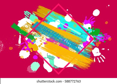Bright color Vector Paint Splashes. Indian Holi Festival Background in square frame.