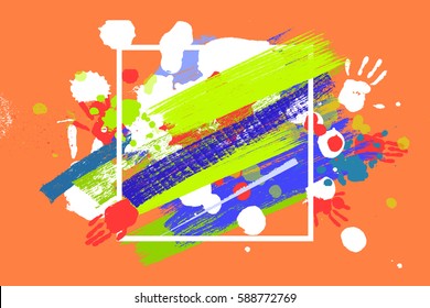 Bright color Vector Paint Splashes. Indian Holi Festival Background in square frame.