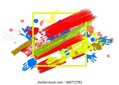 Bright color Vector Paint Splashes. Indian Holi Festival Background in square frame.