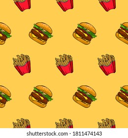 Bright color vector pattern of fries and hamburger, on a yellow background. Drawn by hand. Fast food. Menu.