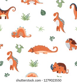 Bright color vector seamless pattern with cute orange dino characters - for kids clothing, textiles, prints and posters. White background. Hand drawing line.