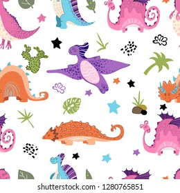 Bright color vector seamless pattern with cute dino characters and additional elements - for children clothing, textiles, prints and posters. White background. Hand drawing line.