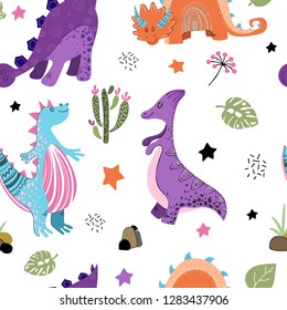 Bright color vector seamless pattern with cute dino characters and additional elements - for children clothing, textiles, prints and posters. White background. Hand drawing line.