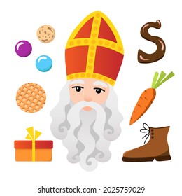 Bright color vector set for decoration. Saint Nicholas Day, traditional Belgian, Dutch holiday. Sinterklaas with a gray beard, red miter, shoes, carrot, sweets, chocolate letter, gift, cookies.