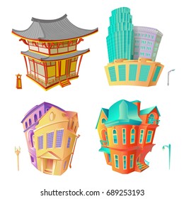 Bright color vector set illustrations old architecture Victorian epoch and Baroque, Chinese pagoda and modern high-rise residential or office buildings. Collection isolated houses in cartoon style