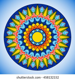 Bright color wheel pattern vector. Costa Rica traditional circle decorative ornament. Boho tribal colorful illustration. 