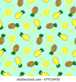 Bright color yellow full pineapple, circles and pieces pineapples seamless pattern. Nice vector summer fruits texture on blue background for textile, covers, surface, background, wallpaper.