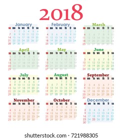 Bright colored 2018 calendar on white background. Weeks start with Sunday. Colored blocks for each of season