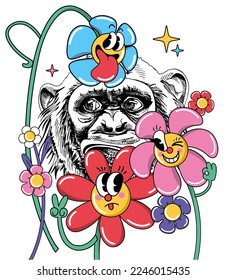 Bright colored 70s style collage. Funny monkey with a fun hippie flowers. Humor poster, t-shirt composition, hand drawn style print. Vector illustration.