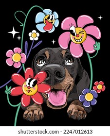 Collage de estilo años 70 de colores vivos. El gracioso perro Dachshund con unas divertidas flores hippie. Afiche de humor, composición de camisetas, impresión a mano. Ilustración vectorial.