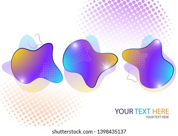 Bright colored abstract dynamic fluid forms, halftone patterns, liquid color on a white background. Screensaver shape design. Vector illustration