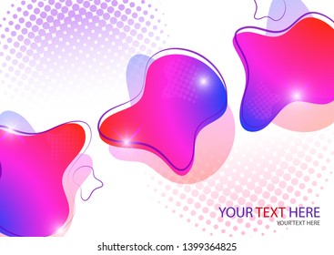 Bright colored abstract dynamic fluid forms, halftone patterns, liquid color on a white background. Screensaver shape design. Vector illustration