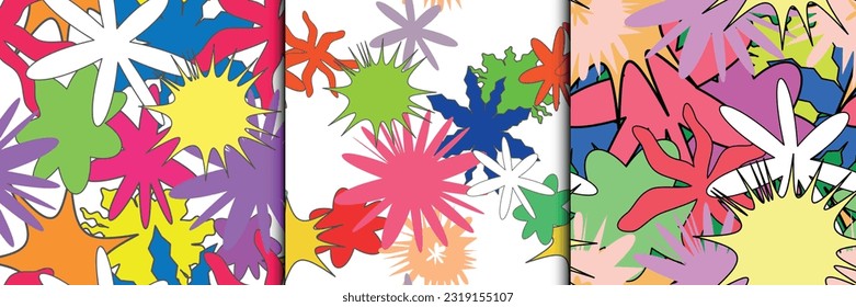 bright colored abstract geometric shapes flowers, stars, blots, spots seamless pattern texture set