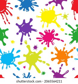 Bright colored abstract splatter blots. Seamless vector pattern on a white background.