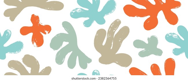 Bright colored algae silhouettes seamless banner in Matisse style. Brush drawn contemporary organic shapes Matisse inspired. Modern seamless pattern with corals and algae. Abstract leaves shapes.