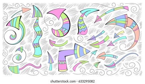 Bright colored arrows in the style of Doodle. Vector set illustrations EPS10