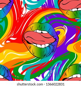 Bright colored art splash loops  pattern with lips. Paint stains . Colorful print for textile . vector seamless with red, orange, yellow, green, blue, purple waves. 