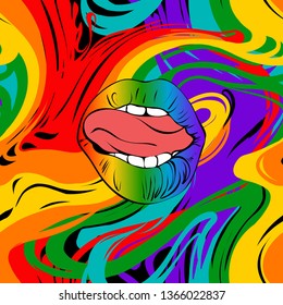 Bright colored art splash loops  pattern with lips. Paint stains . Colorful print for textile . vector seamless with red, orange, yellow, green, blue, purple waves. 