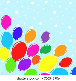 Bright colored balloons against the background of white stars and blue sky