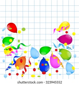 bright colored balloons on notebook sheet ,vector illustration
