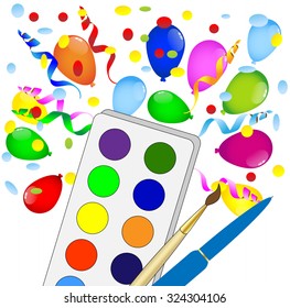 bright colored balloons and watercolor ,vector illustration