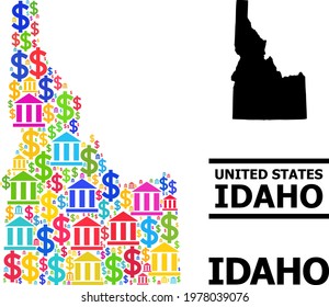 Bright colored bank and business mosaic and solid map of Idaho State. Map of Idaho State vector mosaic for GDP campaigns and promotion.